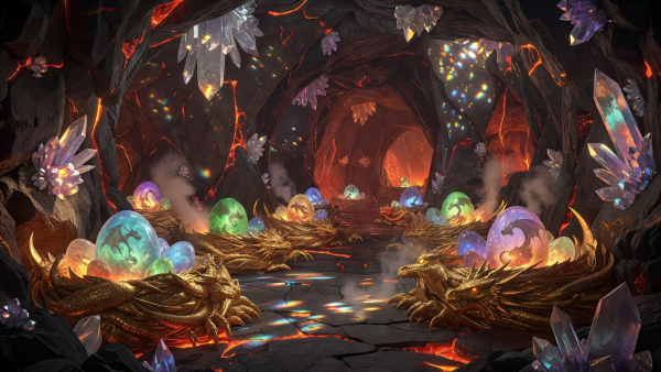 Ancient dragon hatchery carved into a mountain with glowing dragon eggs in golden stone nests and crystal formations under warm volcanic light