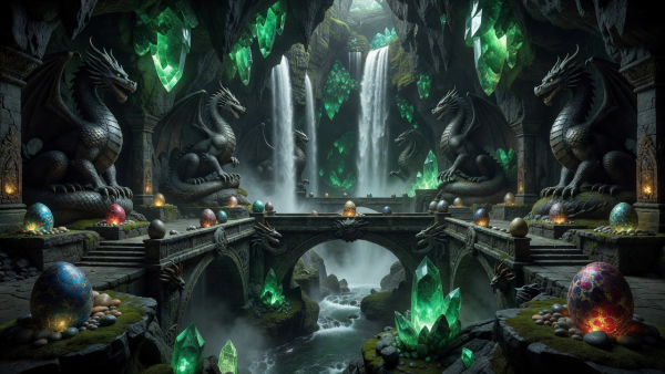 Magnificent sanctuary with enormous dragon statues, emerald crystals, waterfalls and carved stone bridges filled with legendary dragon eggs
